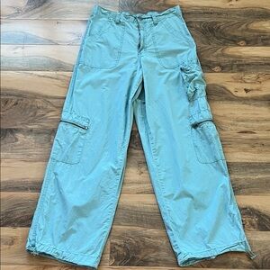 Kreamy Cargo Jogger Pants Large Mint Green Zipper Pocket Athleisure Wide Leg